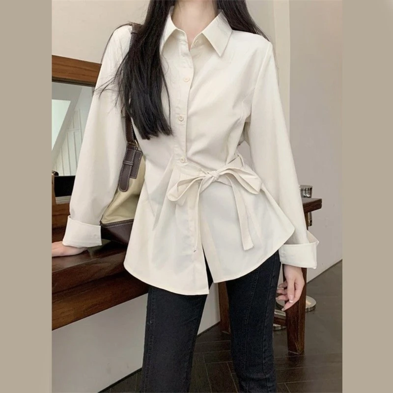 Women's Casual Belted Shirt Long Sleeve Button Down Shirt Blouse Tops 066C