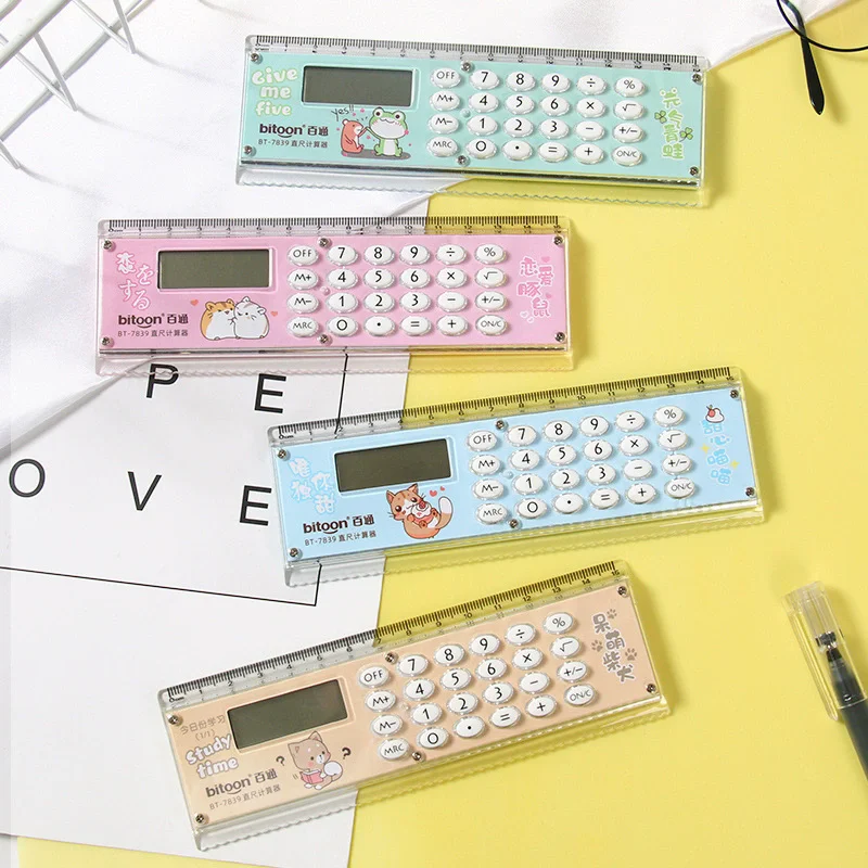 1pc Ruler Calculator Cartoon Cute Student Learning Supplies Learning Stationery Ruler MiNi Electronic Ruler Calculator Dual Use