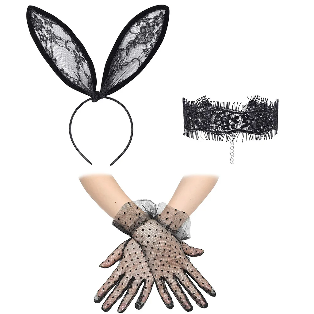 Easter Lace  Ear Necklace and Glove Set, Nightclub Cosplay  Girl Styling Headband