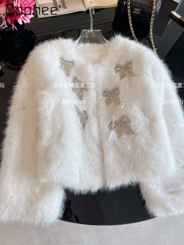 

Winter Heavy Embellished Diamond Butterfly Tassel Elegant Light Luxury Thickened Short Coat Women Fashion Elegant Thickened Fur