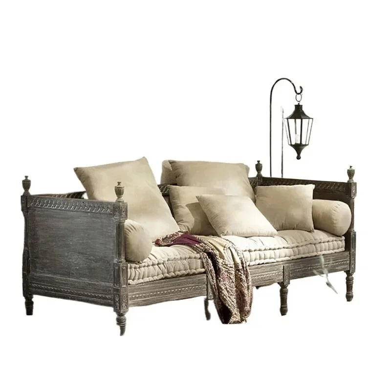 

French simple solid wood carving flower sofa, small apartment living room combination furniture, American retro old three-person