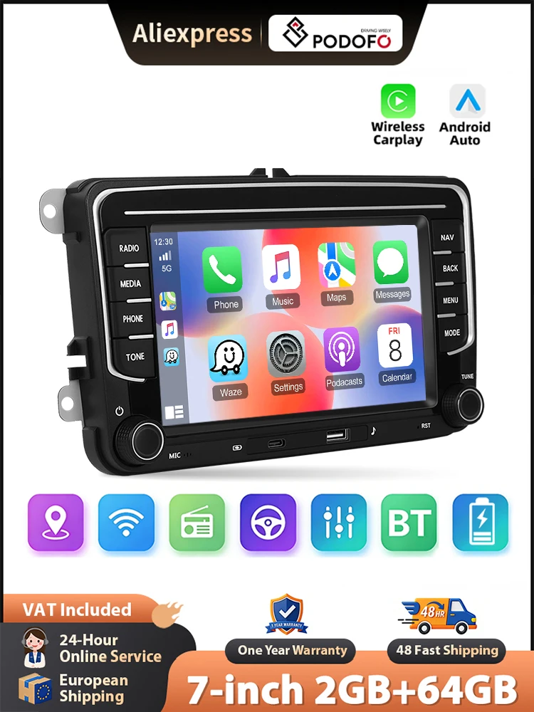 Podofo 2+64G Radio Kabelloses CarPlay für Apple für VW Android Auto Autoradio GPS FM/RDS Stereo WLAN BT Multimedia-Stereoanlage