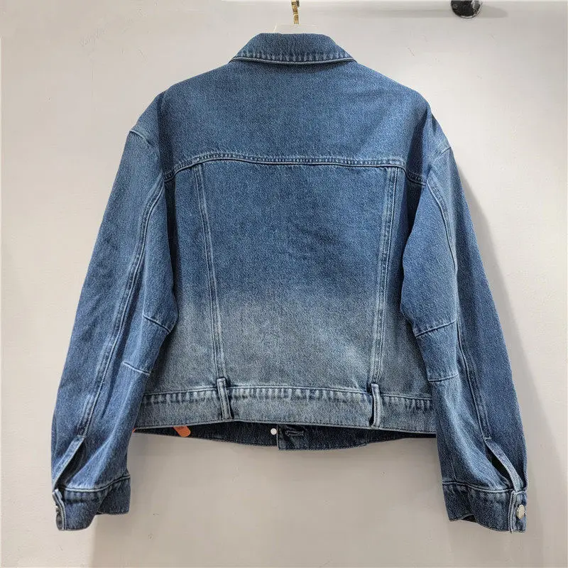 Fashion Flower Decoration Blue Denim Jacket Autumn Women Short Cowboy Outerwear Lapel Long Sleeve Jeans Jackets Chaqueta Mujer