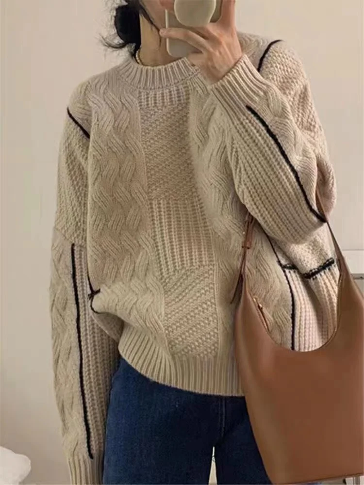 

Women's Heavy-Duty Thick Cashmere Sweater, Warm Knitted Pullover, Contrast Color, 100% Pure, Popular, Winter