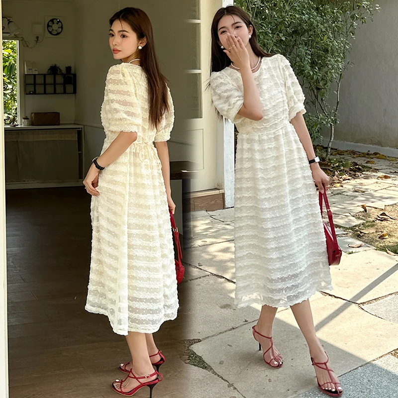 2024 Summer Maternity Lace Dress Puff Sleeve O-Neck Fashion Pregnant Woman Pleated Dress Sweet Ruffled Pregnancy Romatic Dresses