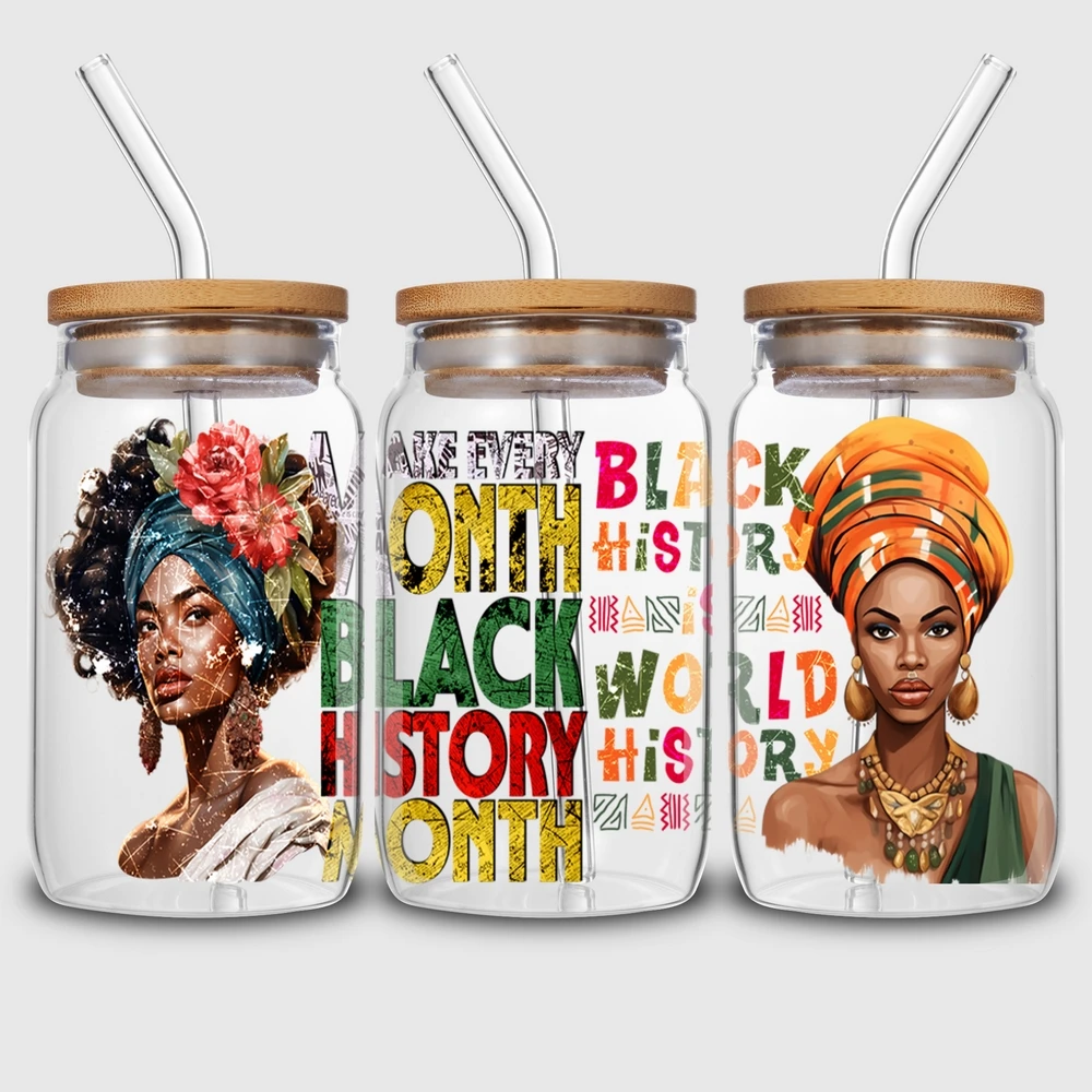 5 sheets black woman UV DTF cup stickers, glass sports DTF transfer stickers, waterproof wipe transfer paper for 16 oz glass