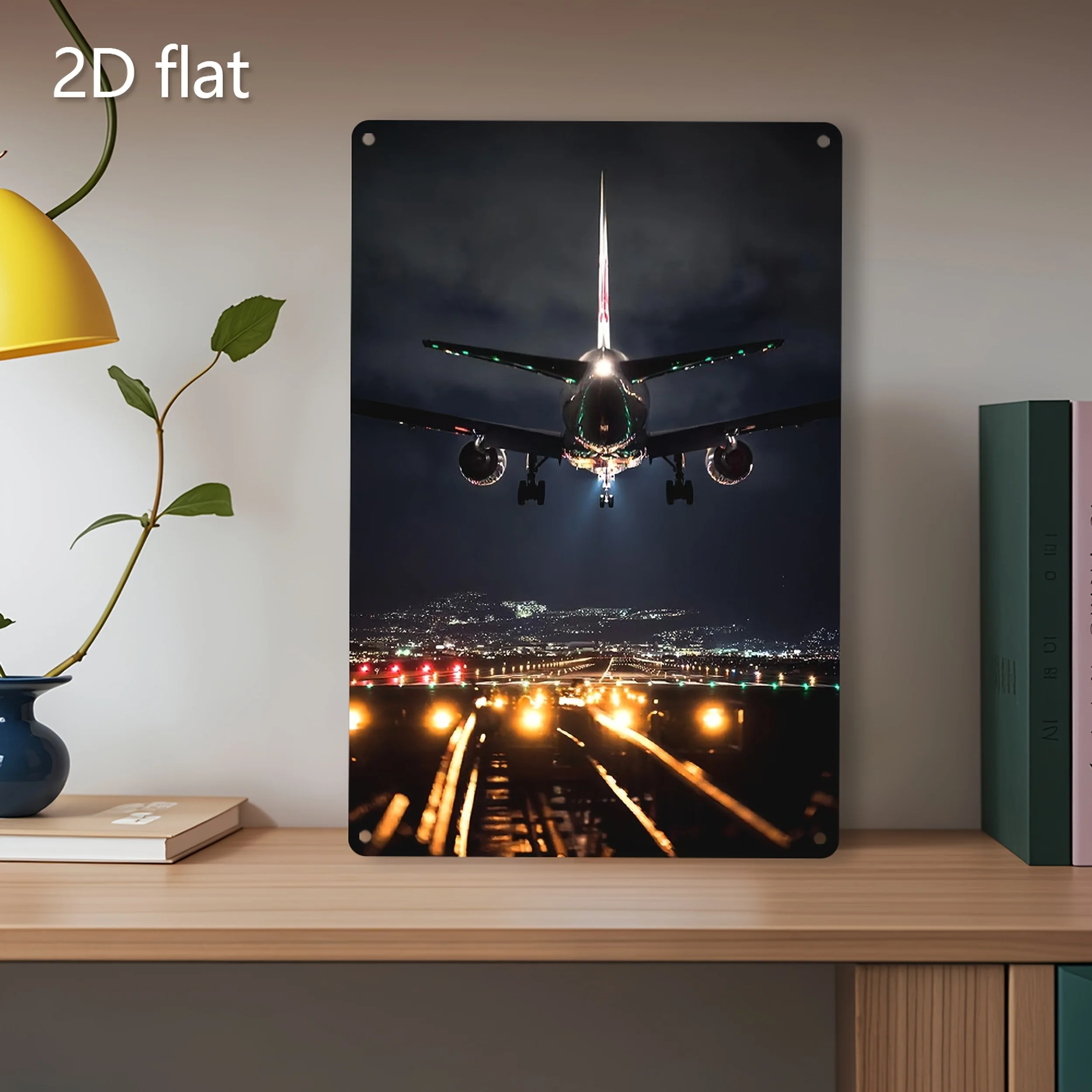 Metal Wall Art - Night Flight Landing Airplane, Weather-Resistant Iron Sign with Pre-Drilled Holes, for Home, Office, or Outdoor