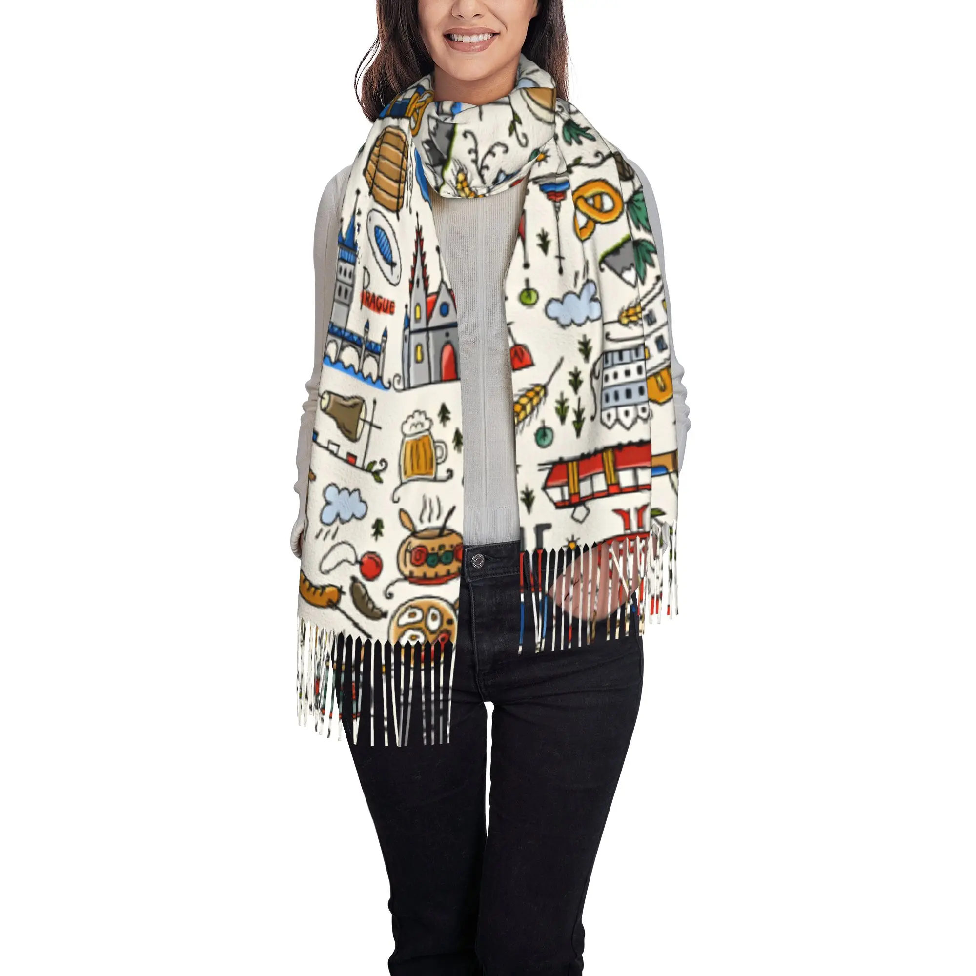 Custom Female Large Cute Prague Czech Folk Travel Doodle Scarves Women Winter Fall Thick Warm Tassel Shawl Wraps  Scarf