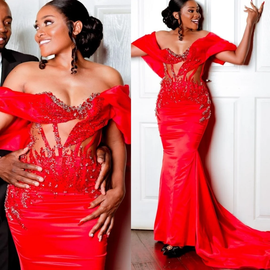 Sirena roja 2025 vestidos de fiesta apliques con cuentas satén noche Formal fiesta cumpleaños vestidos ZJ261