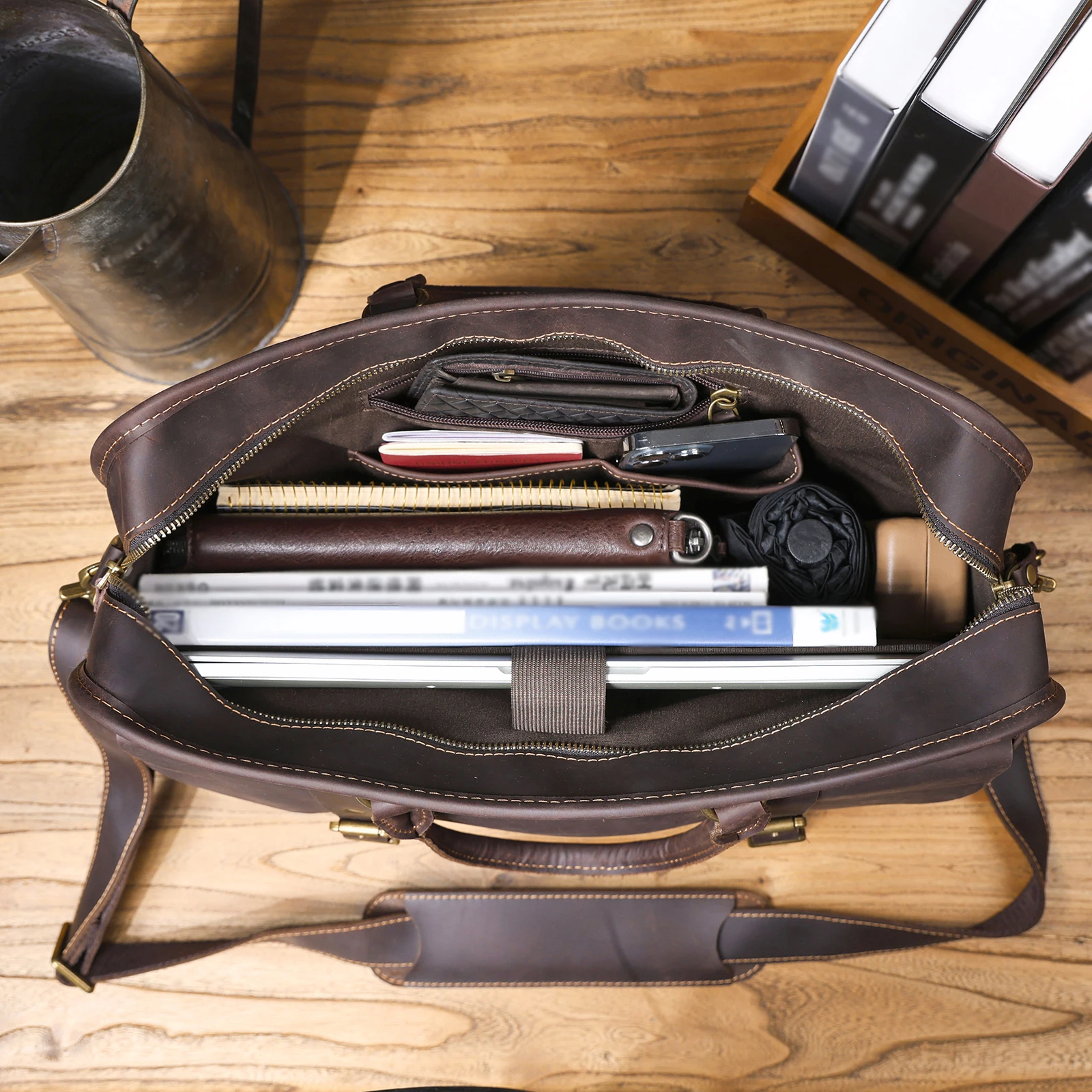 S.WORKER Vintage Echtleder Herren-Aktentasche Laptop-Tasche Crazy Horse Leder Messenger-Handtasche Rindsleder Geschenkidee für Männer – Detail 15