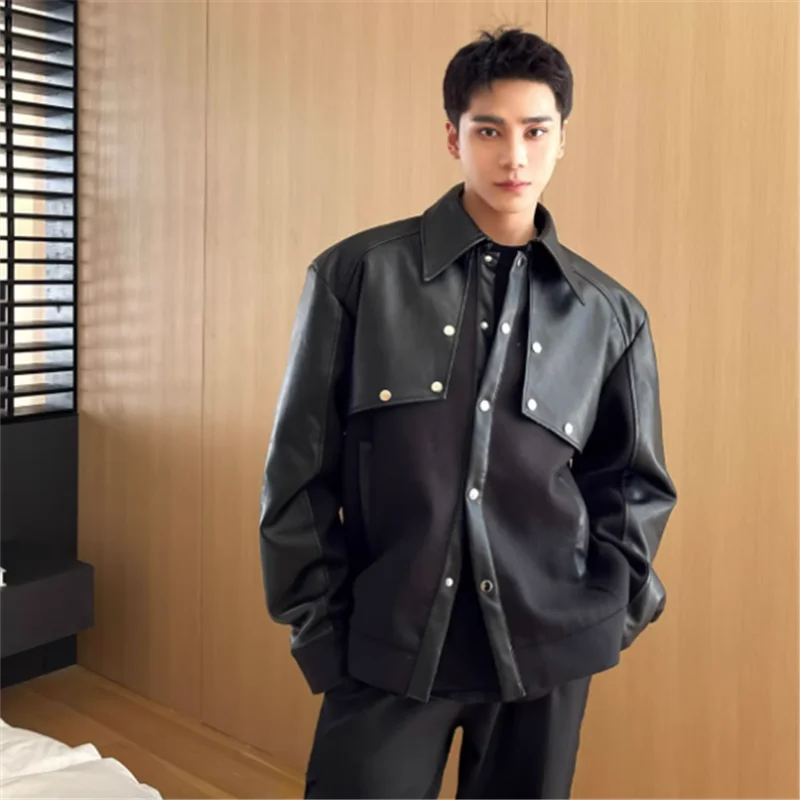 2023 autumn and winter new men's fashion brand fashion and handsome design sense of material leather lapel shirt coat