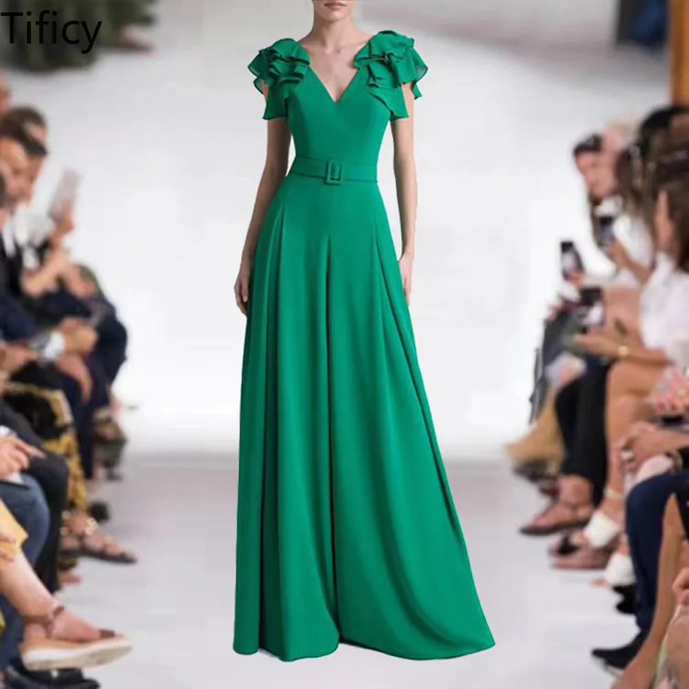 

High Quality Temperament Goddess Summer New Women's V-neck Lotus Leaf Sleeves Green Slim Fit Waist Wide Leg Jumpsuit