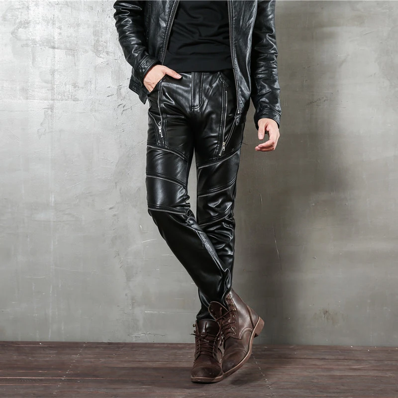 Idopy Men`s Zipper Halloween Steampunk Zippers Pu Motorcycle Party Holiday Stage Performance Punk Faux Leather Pants Jeans