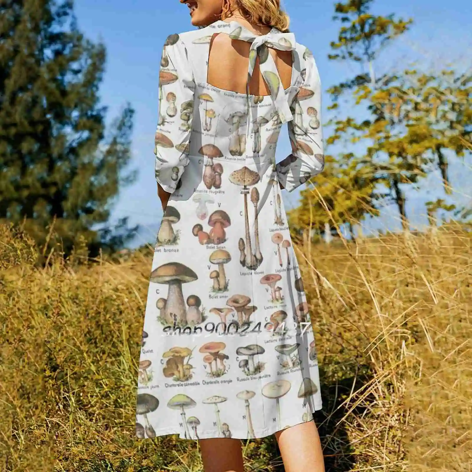 Mushrooms Sweet Elegant Dress Women Korean Kawaii Square Collar Dress Vintage French Scientific Various Mushroom Fungus