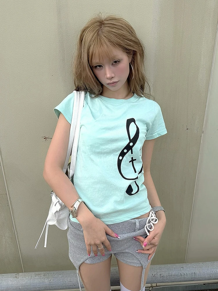 Tonngirls T-Shirt mit Musiknoten-Aufdruck im koreanischen Stil, Damen-Kurzarm-T-Shirt aus Baumwolle, Y2k Vintage-Grafik-Tops, japanisches 2000er-Jahre-T-Shirt – Detail 4