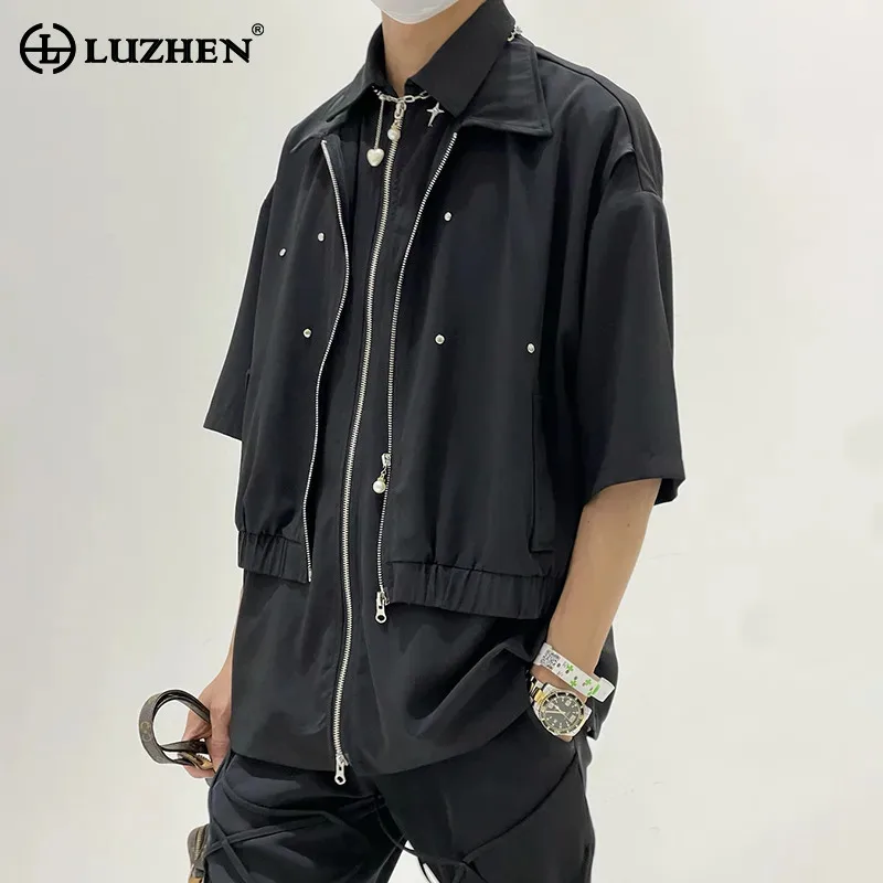 

LUZHEN 2025 New Double Layer Fake Two Piece Design Short Sleeve Shirt Zipper Loose Original Handsome Niche Casual Clothes JY3745