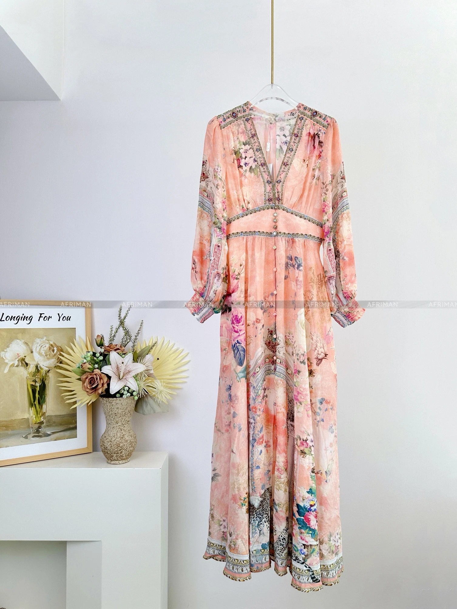 Women V Neck Crystal Beaded Long Sleeve Pink Flower Print Elastic Waist 100% Silk Long Dress