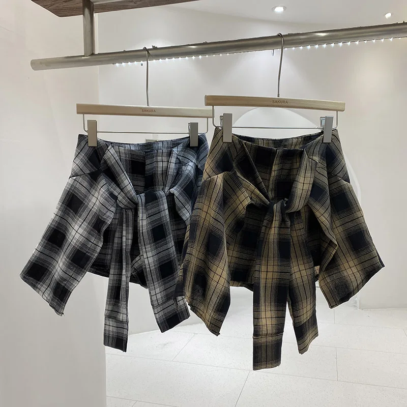 Korean Retro Irregular Pleated Casual A-line Skirt Women 2025 Autumn New High Waist Lace Up Contrast Color Plaid Mini Skirt