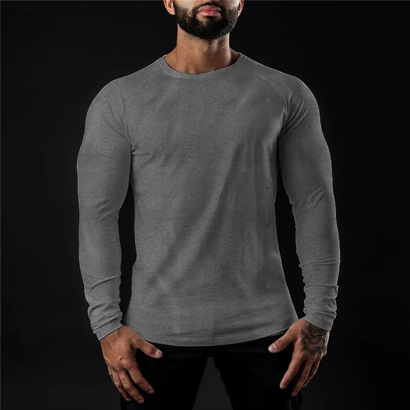 T-shirt Casual da uomo T-shirt a maniche lunghe in cotone palestra Fitness Bodybuilding allenamento T-shirt Soild abbigliamento maschile di marca di