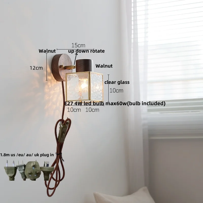 IWHD  Clear Glass LED Wall Light Fixture Bedroom Living Room Nordic Modern Plug In Walnut Wood Bedside Lamp Sconce Aplique Pared