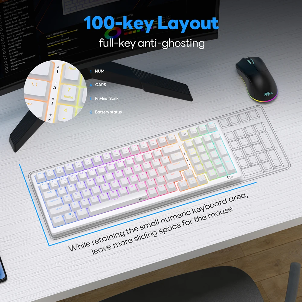 لوحة مفاتيح ميكانيكية لاسلكية إسبانية RK Royal Kludge RK98 ثلاثية الوضع 2.4G/Bluetooth/USB سلكية RGB لوحات مفاتيح ألعاب قابلة للتبديل السريع