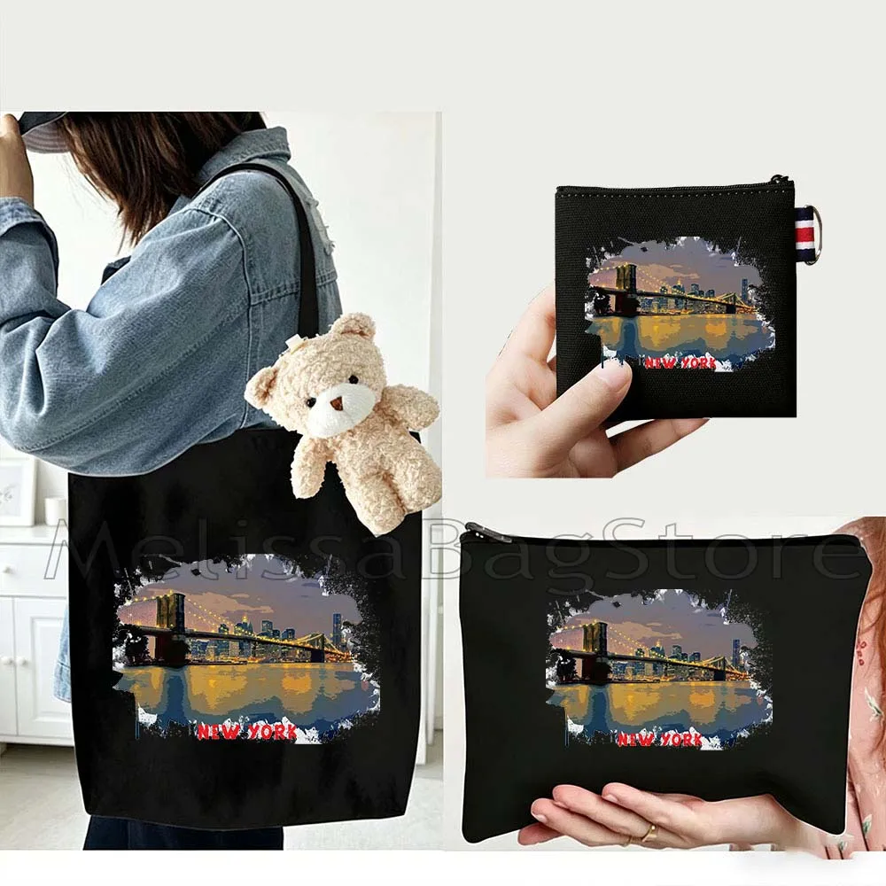 4PCS Gift Set New York City Black Canvas Tote Bag Handbag with Doll Key Coin Purse Cosmetic Makeup Toilet Bag Case Pouch