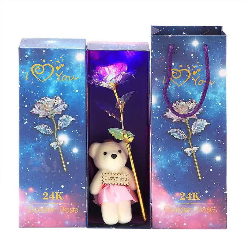 Valentine'S Day Gift 24K Gold Plated Galaxy Rose Christmas Decora Artifical Flowers With Light Wedding Anniversary Bear Decor