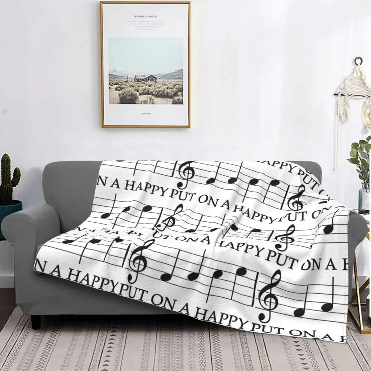 F A C E Music Key Note Six-stringed instrument Blanket Flannel All Season Super Warm Throw Blankets For home Plush Thin Quilt