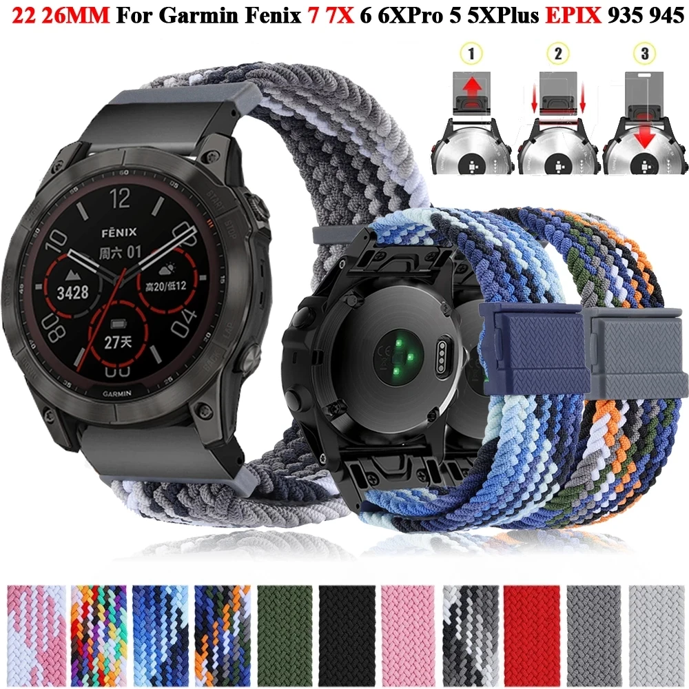 

22 26mm Quickfit Smart Watch Straps For Garmin Fenix7X 7 6X Pro 6 5X 5 5 Plus 3HR 935 945 Braided Nylon Band Silicone Wristbands