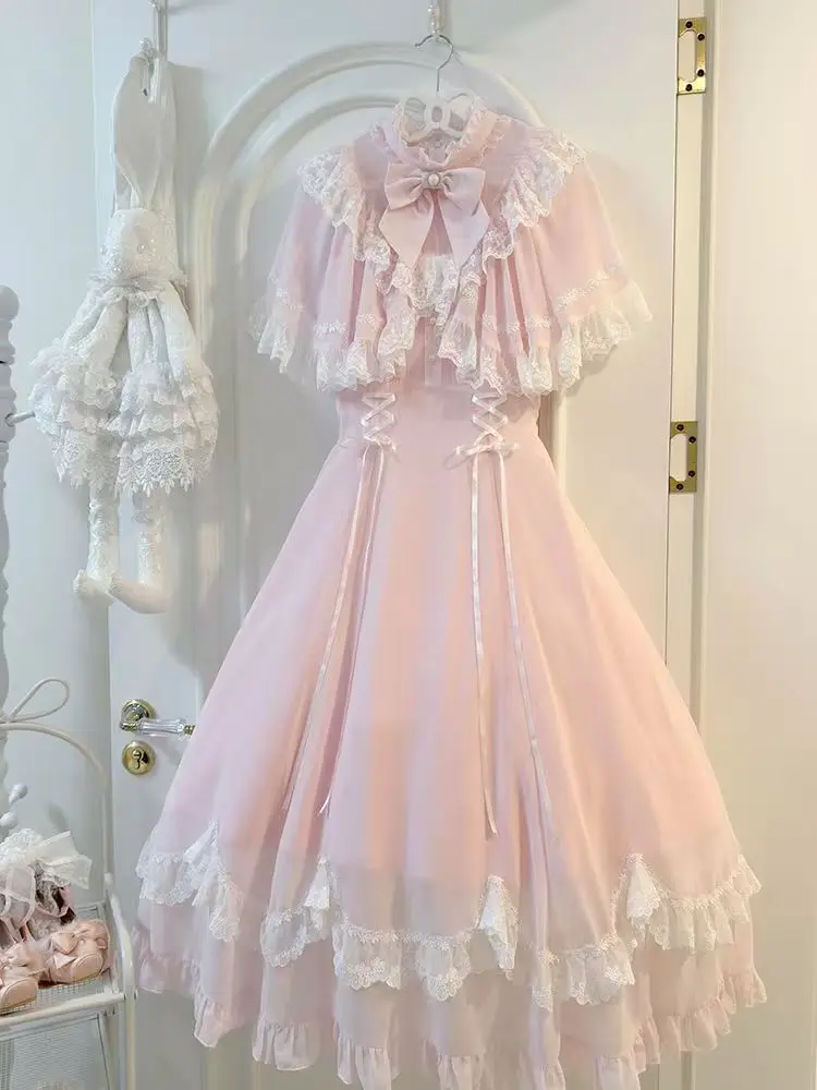 Japanese Lolita Sweet Minimal Elegant Lace Patchwork Design Slim Women's Dresses Summer Gentle Temperament Pink Full Dress New