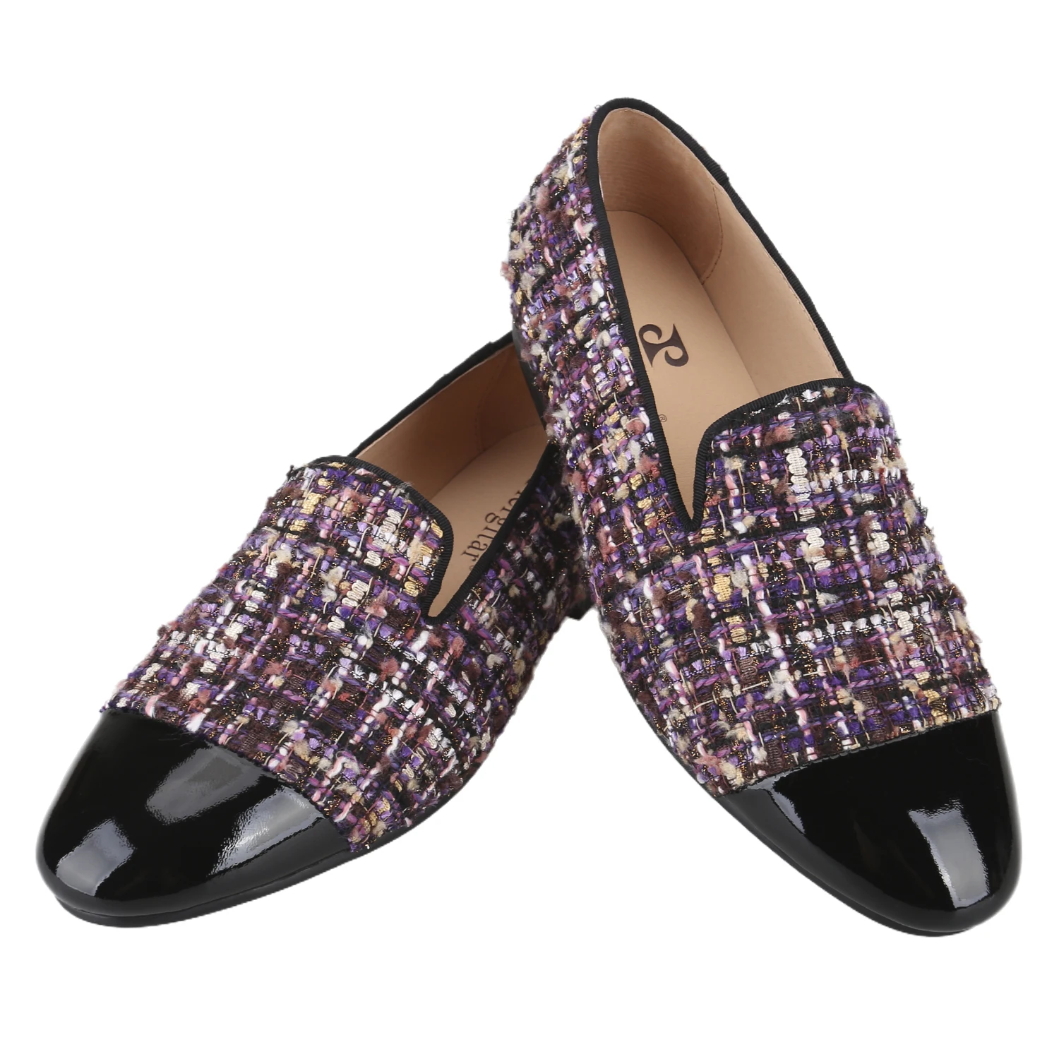 Piergitar Multicolored Tweed & Grosgrain Slip-On Shoes With Black Patent Leather Toe CH Brand Same Classic Style Men's Loafers