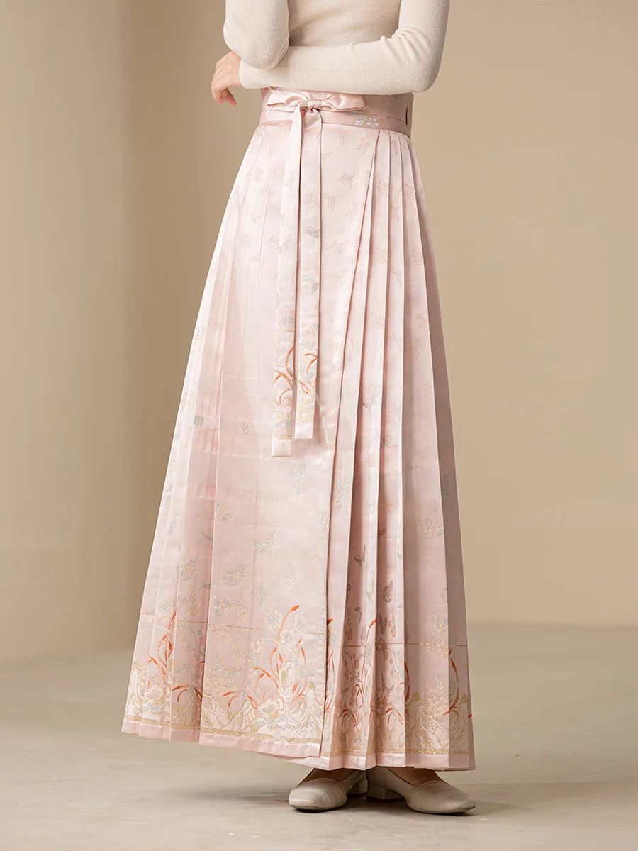 

Новая китайская юбка в национальном стиле с шлейфом, женская, розовая, высококачественная, с золотой вышивкой, в стиле Ханьфу