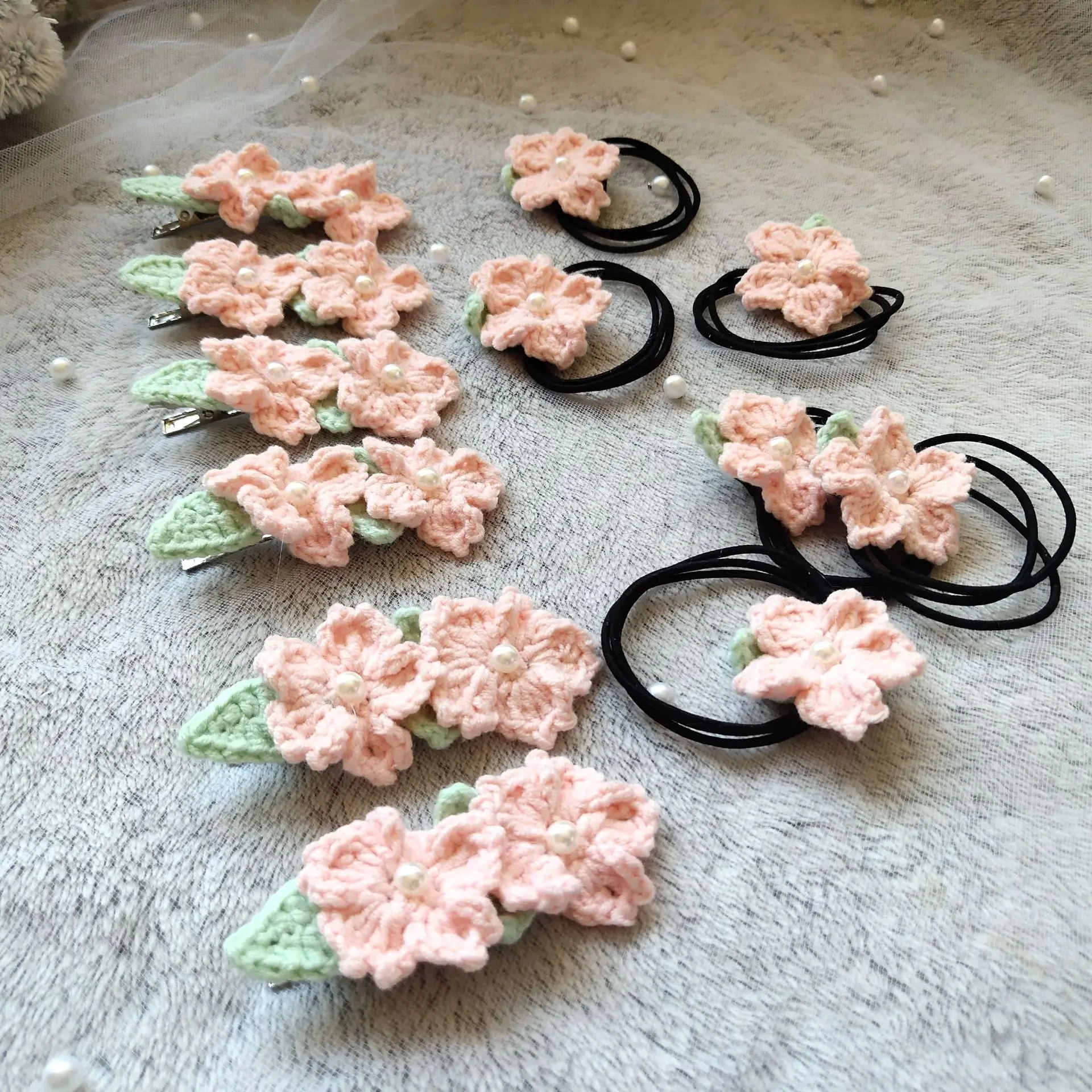 

Spring Cherry Blossom Hairclips for Girls Wool Knitting Headwear Handmade Crochet Hairpins Hair Rope Cute Girls Hair Accessories