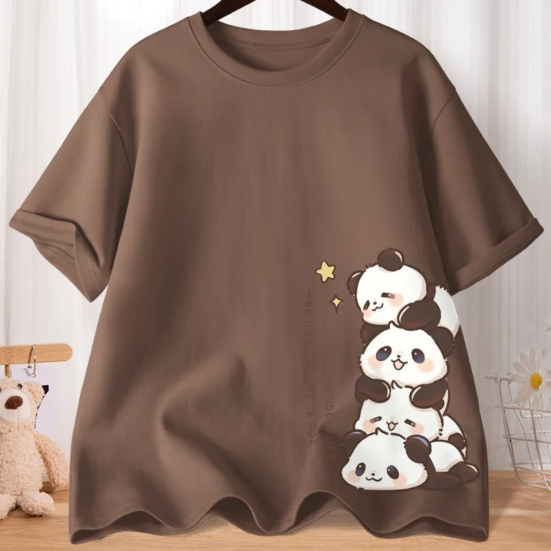 Summer Cartoon Cute Treasure Panda Sweet Printed Short Sleeve T-shirt Women\'s Loose Leisure Soft Bottom Oversized Shirt Top