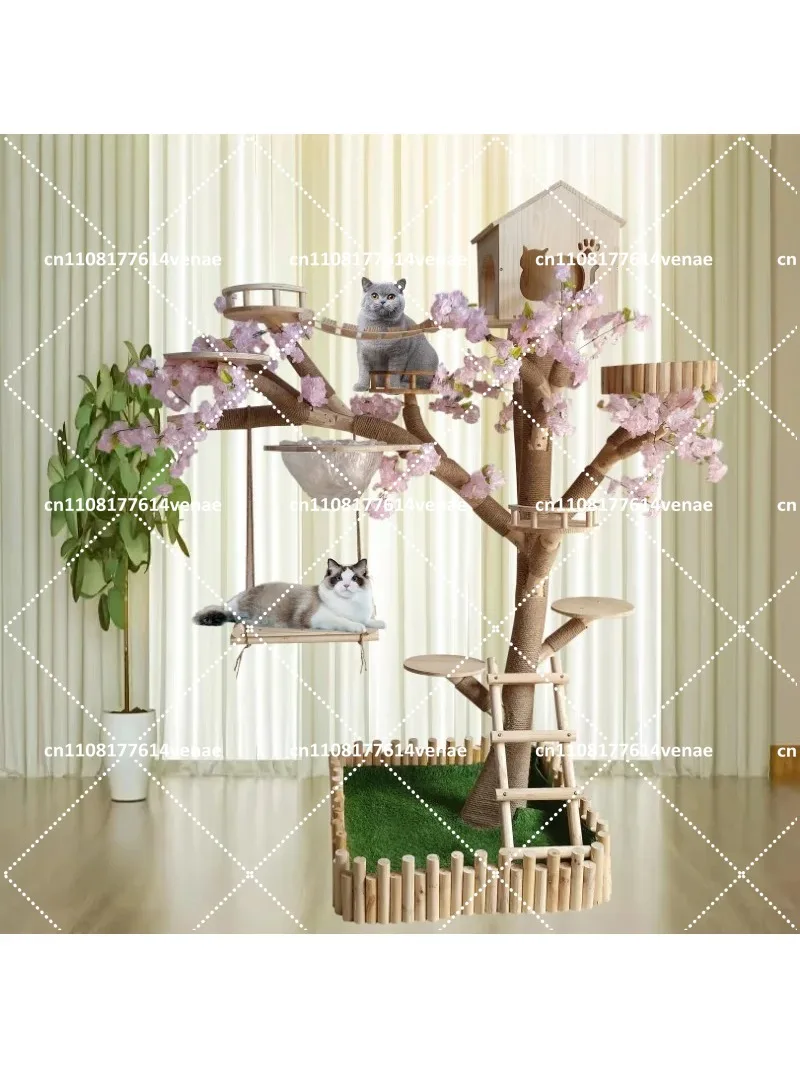 Large Solid Wood Cat Tree with Real Tree Trunk, Wear-Resistant Cat Climbing Frame for Jumping and Scratching