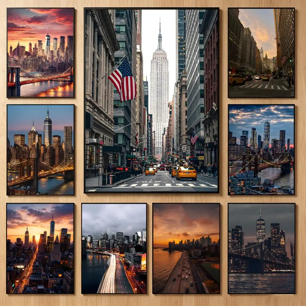 Cityscape Art N-New York Manhattan Skyline Poster Classic Self-Adhesive PP Wall Sticker for Living Room Bar Decor Gift