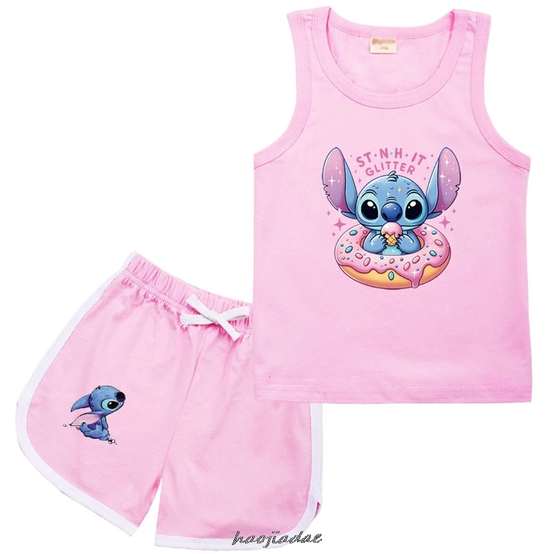 Conjunto de ropa de Lilo y Stitch para niños, chándal para adolescentes, niñas y niños, camiseta y pantalones cortos, regalo de 2 piezas