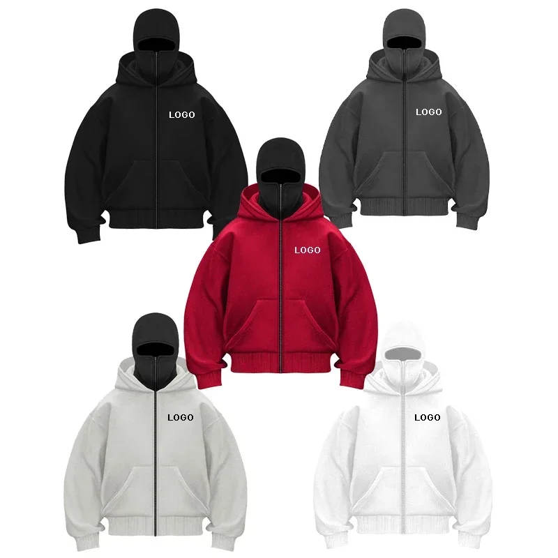 Custom Men's Double Hooded Zipper Hoodie Personality Printed Long Sleeve Sweatshirt Women Ninja Mask Pullover Jacket