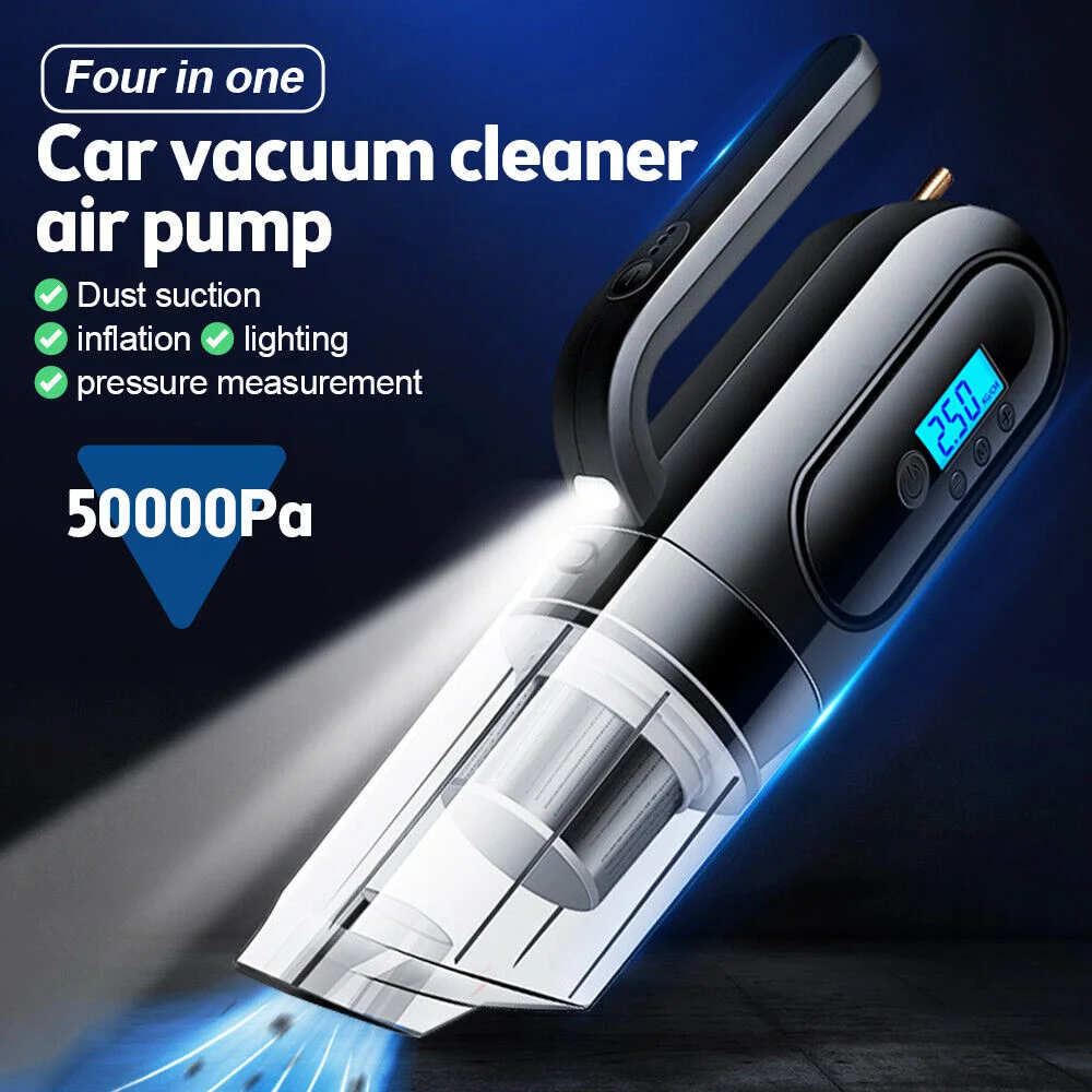 

4 IN 1 Multi-Function Car Vacuum Cleaner USB Rechargeable Air Pump Tire Pressure Monitoring LED Light Digital Display Car Home