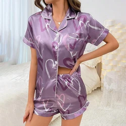 Women's Heart Print Casual Pajama Set Short Sleeve Buttons Lapel Top And Shorts Sleepwear Comfortable Relaxed Fit For Halloween