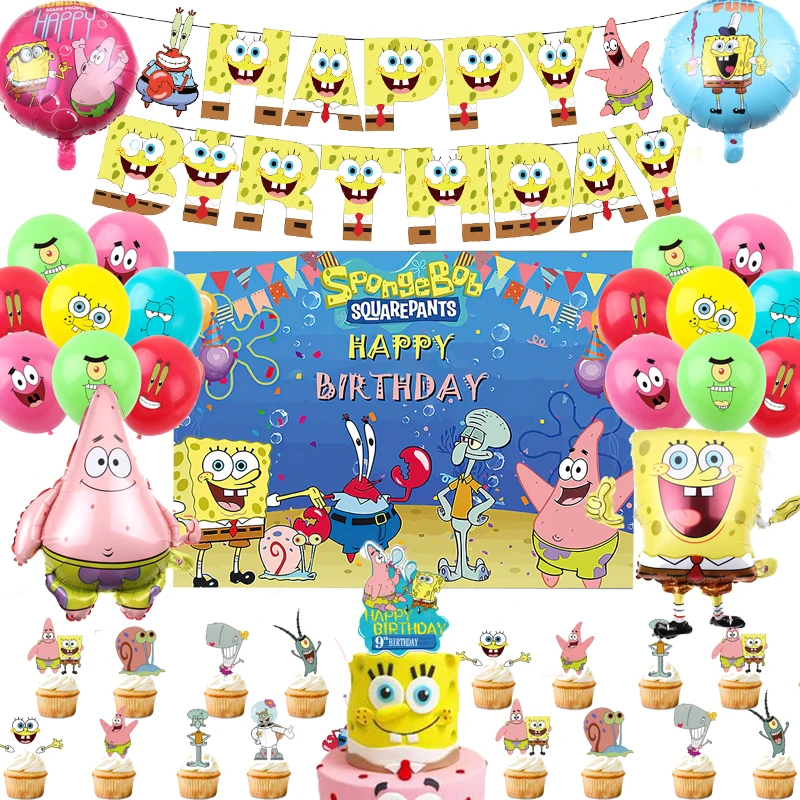 Spongebobed Squarepants Theme Birthday Party Decoration Balloon Banner Cake Spongebobed Tableware Supplies Baby Shower