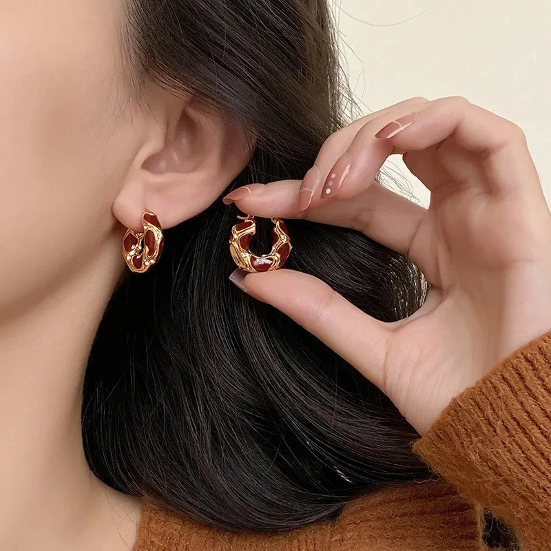 New Trendy Enamel Color Metal Texture Small Hoop Earrings for Women Gold Plated Statement Ear Buckle Creative Jewelry Gifts image 5