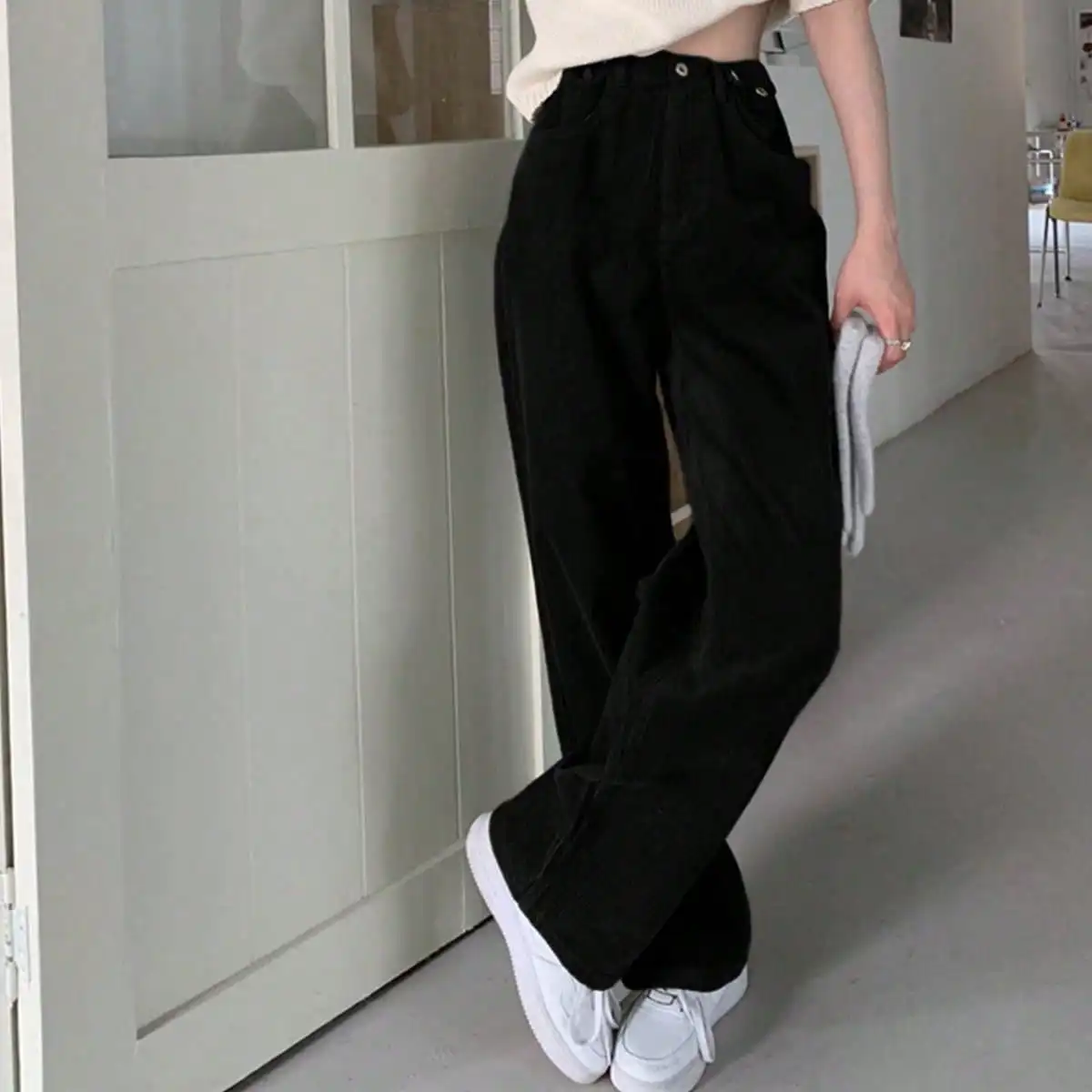 Korean Chic Wide-Leg Pants for Women in Autumn and Winter High-Waisted Slim Casual Loose Corduroy Straight-Leg Floor-Length Pants