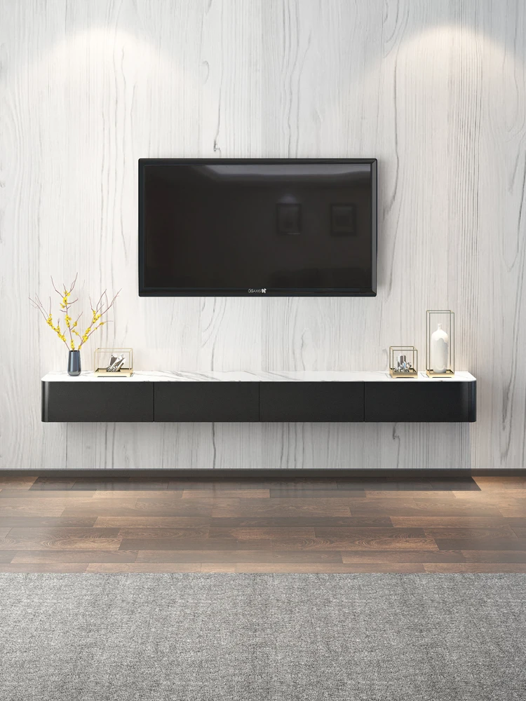 Wall-Mounted TV Cabinet Small Apartment Stone Plate Hanging TV Stand Walnut Hanging Floor Cabinet