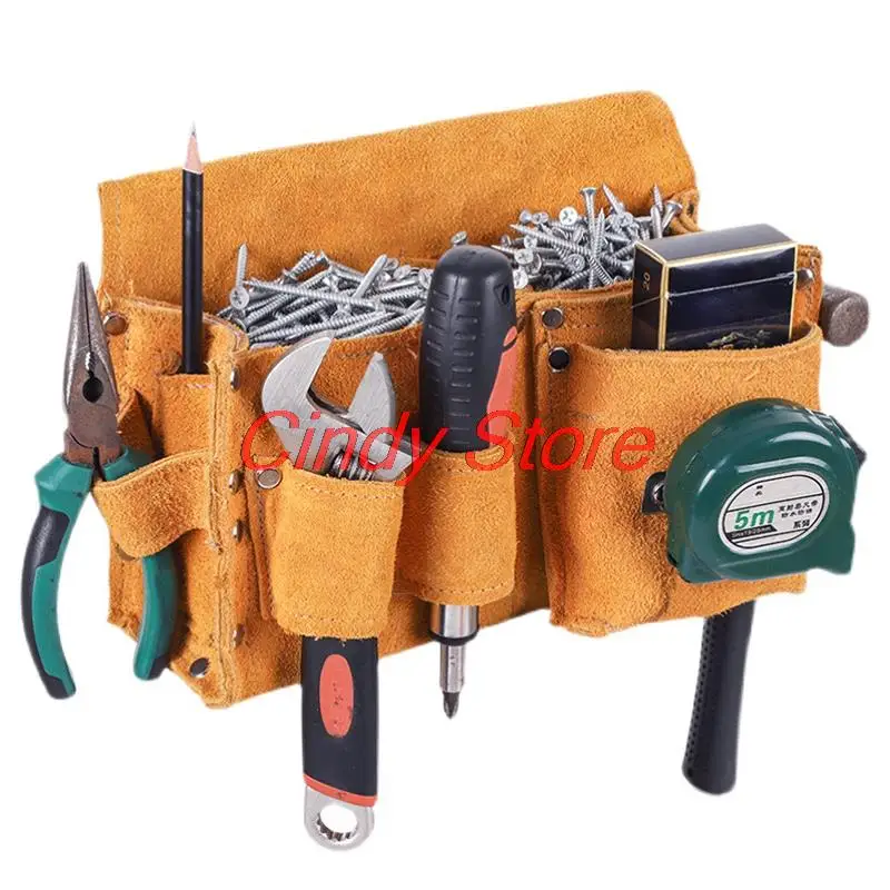 Electrician Tool Bag Cowhide Tool Fanny Pack Portable Storage Electric Drill Bag Screwdriver Hardware Tool Bag Outdoor Waist Bag