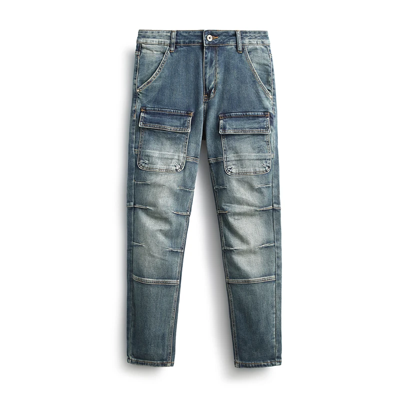 Pantalones vaqueros con múltiples bolsillos para hombre, jeans ajustados de alta calidad, ajuste Delgado, pierna pequeña, motocicleta retro europea y americana