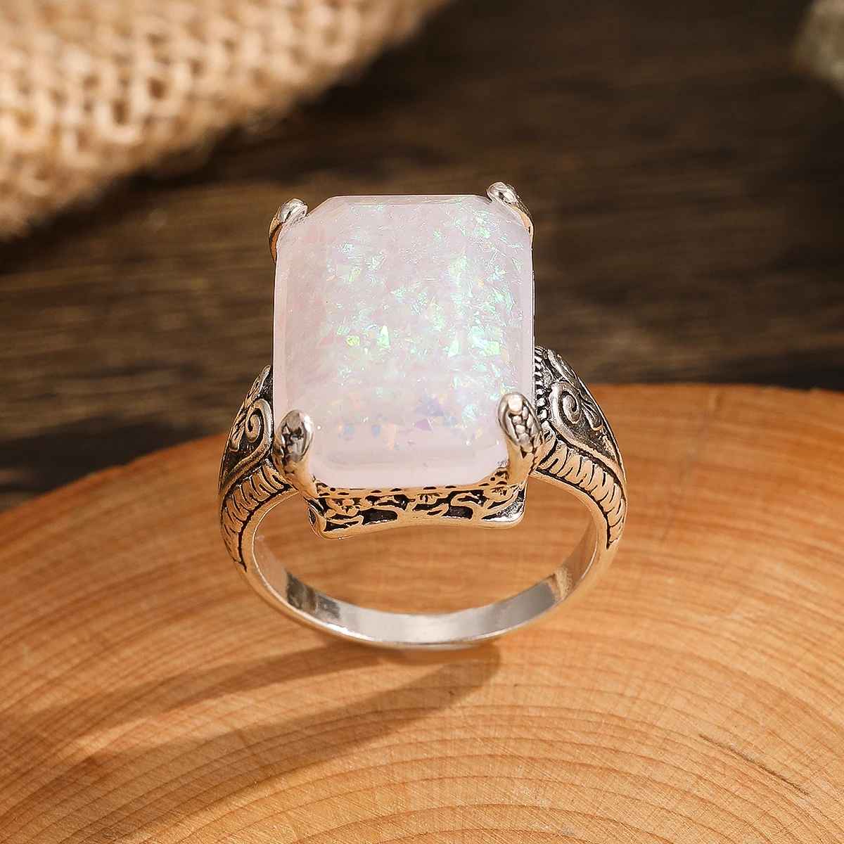 جديد هندسي مربع أوبال حجر خاتم الملكة مجوهرات فضية اللون المرأة مجوهرات الأزياء الجديدة #1