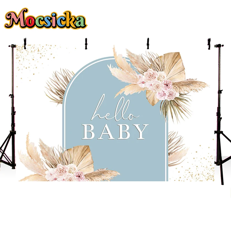 Mocsicka Baby Shower Customized Birthday Backdrop Boho Flower Pampas Grass Newborn Welcome Party Decor Background Photocall