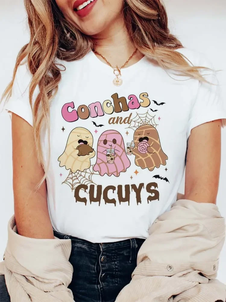 Conchas And Cucuys Spooky Mexican Conchas Aesthetic T-Shirt Fashion Style Summer Short Sleeved Printed O-Neck Street Top T-Shirt