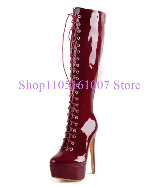 

Wine Red Lace-up Woman Knee High Boots Fashion Thin Heel Cross-tied Lady Platform Long Boots Large Size Female Banquet Shoes
